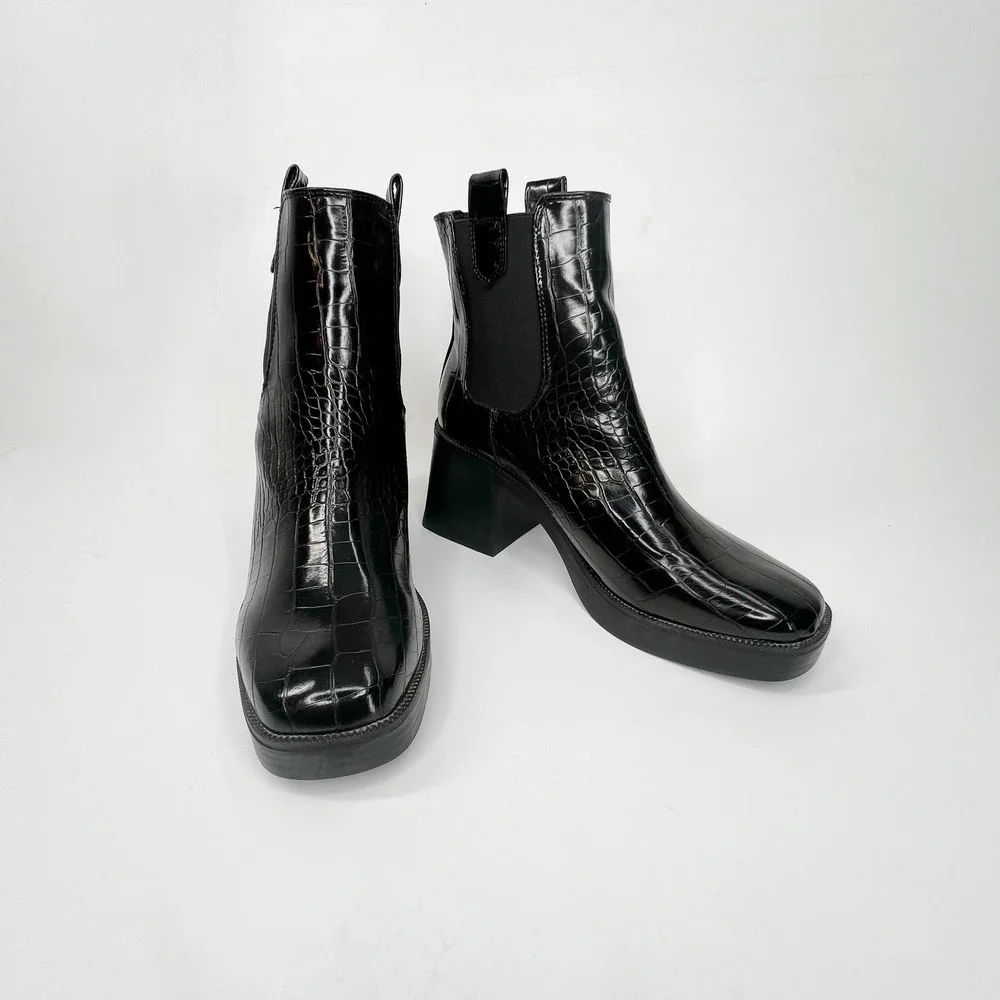 NASTY GAL Croc Square Toe Heeled Black Ankle Boots 8